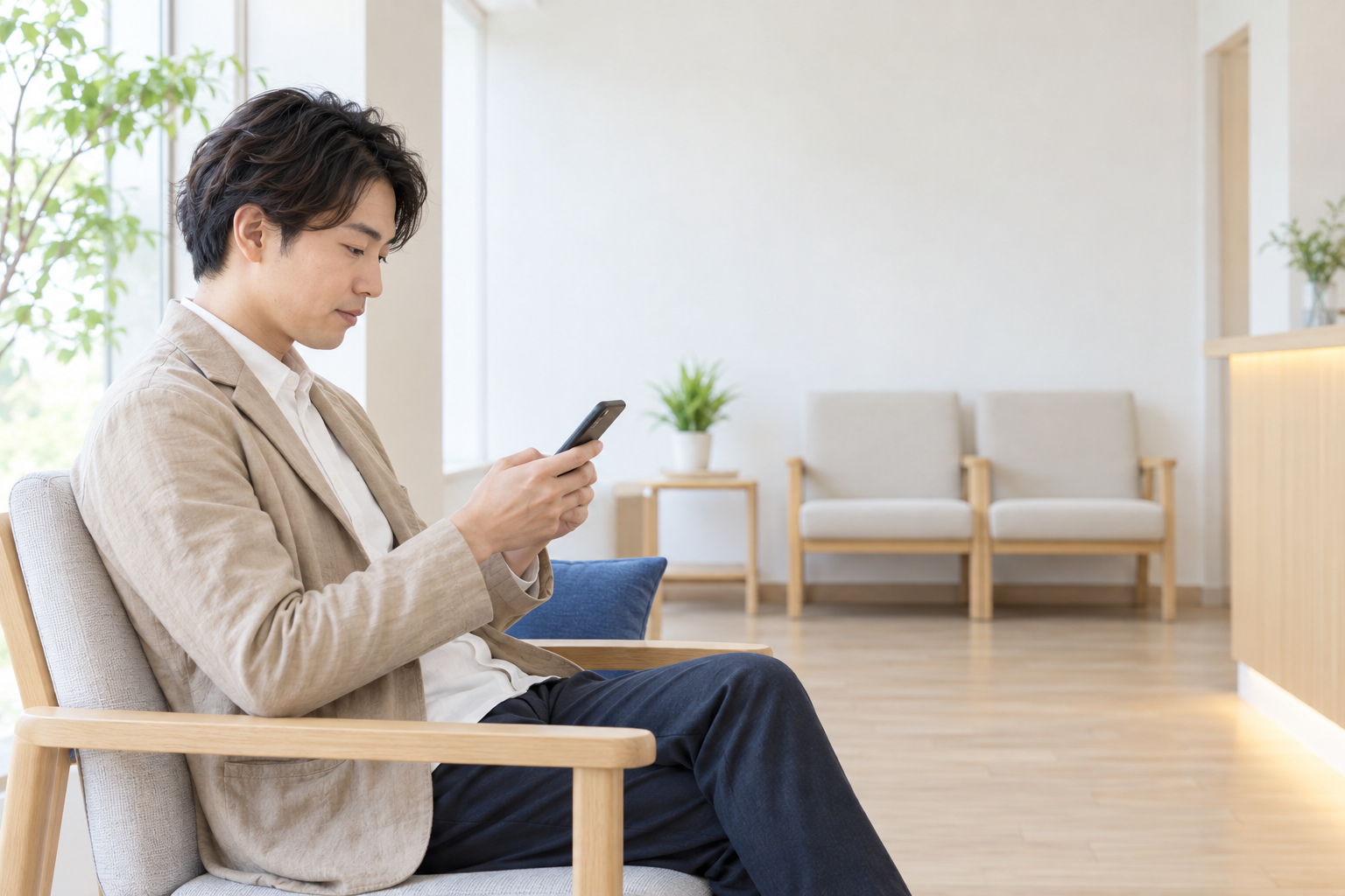 診察後に待合スペースでスマートフォンを確認する利用者のイメージ