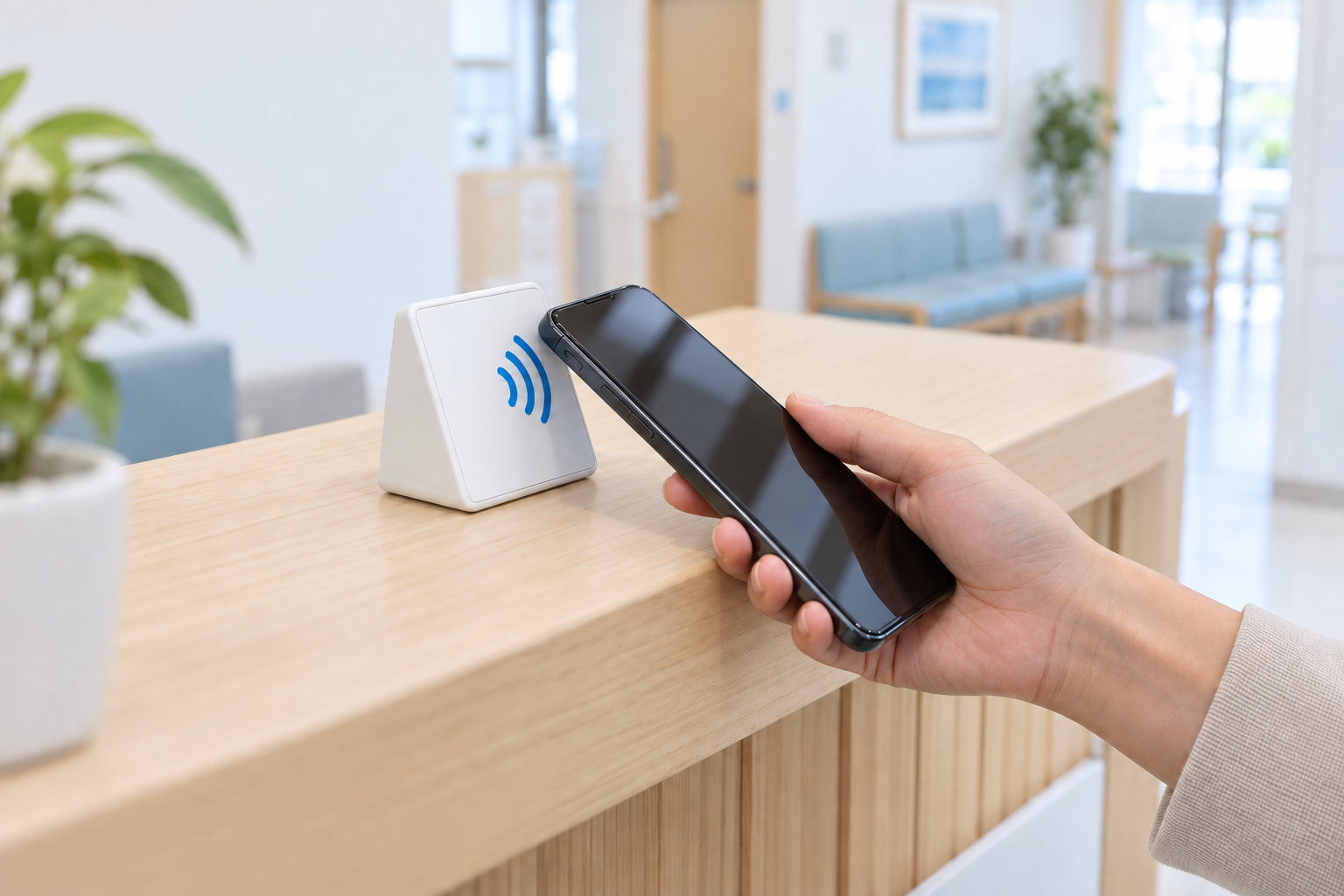 医院の受付の NFC タグにスマートフォンの上端をかざすイメージ